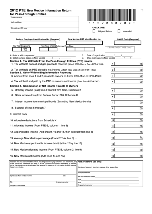 2012 Pte New Mexico Information Return For Pass-Through Entities Printable pdf