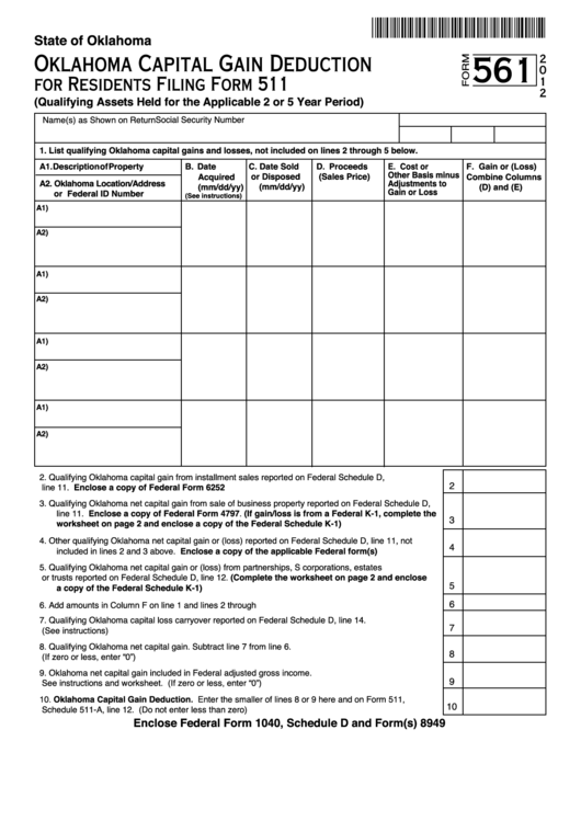 Fillable Form 561 - Oklahoma Capital Gain Deduction For Residents - 2012 Printable pdf