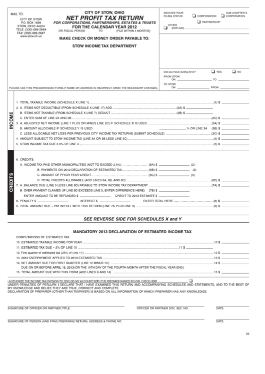 Net Profit Tax Return Form - City Of Stow - 2012 Printable pdf
