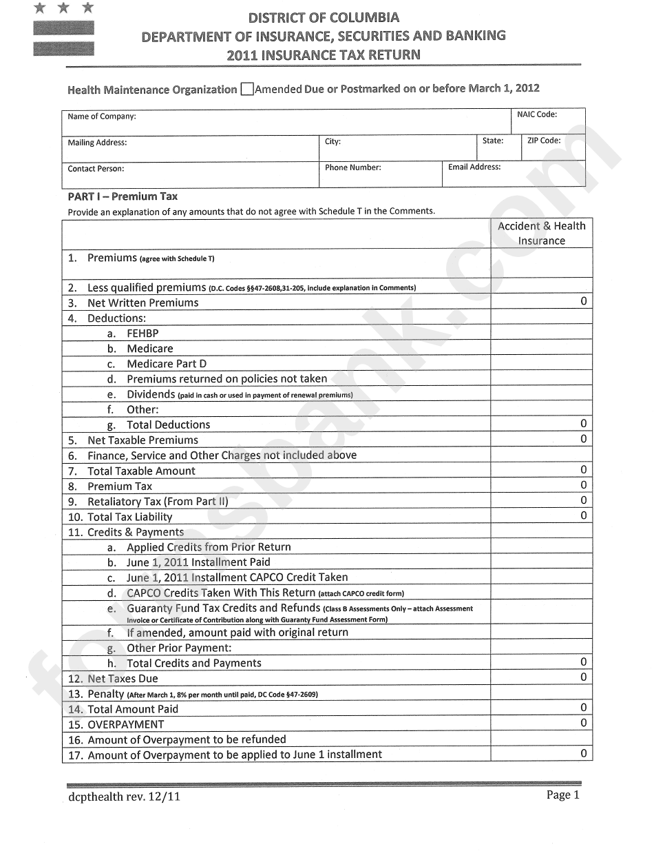 Insurance Tax Return Form - Healh Maintenance Organization - Distirct Of Columbia Department Of Insurance,securities And Banking - 2011