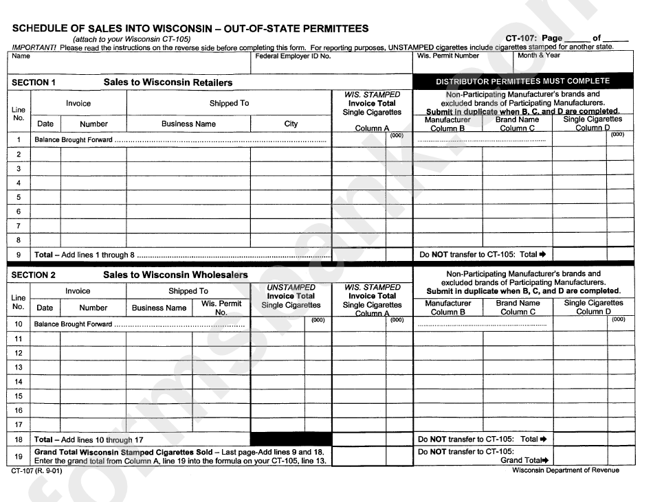 Form Ct-107 - Schedule Of Sales Into Wisconsin - Out-Of-State Permittees