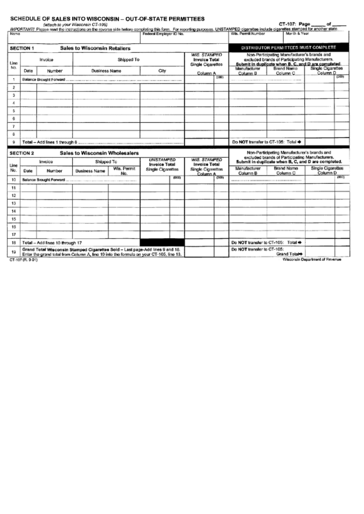 Form Ct-107 - Schedule Of Sales Into Wisconsin - Out-Of-State Permittees Printable pdf