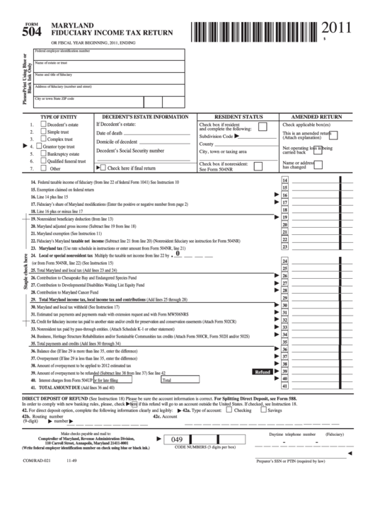 Fillable Form 504 - Fiduciary Income Tax Return/schedule K-1 - Fiduciary Modified Beneficiary