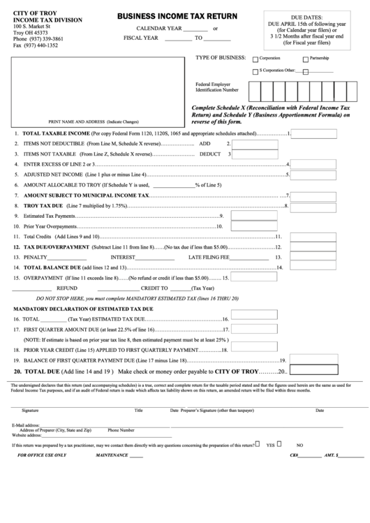 Business Income Tax Return Form - City Of Troy Income Tax Division Printable pdf
