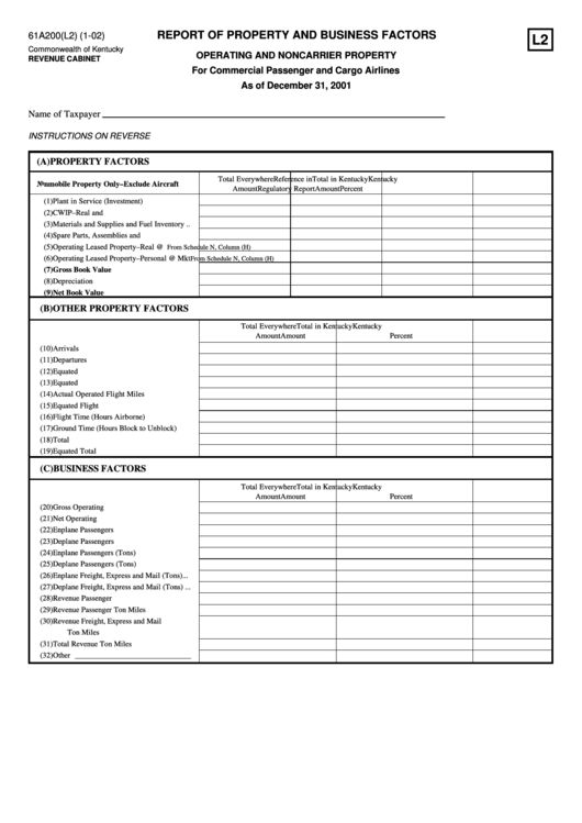 Form 61a200(L2) - Report Of Property And Business Factors - 2001 Printable pdf