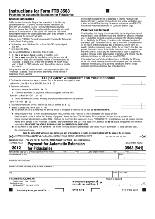 California Form 3563 (541) - Payment For Automatic Extension For Fiduciaries - 2012 Printable pdf