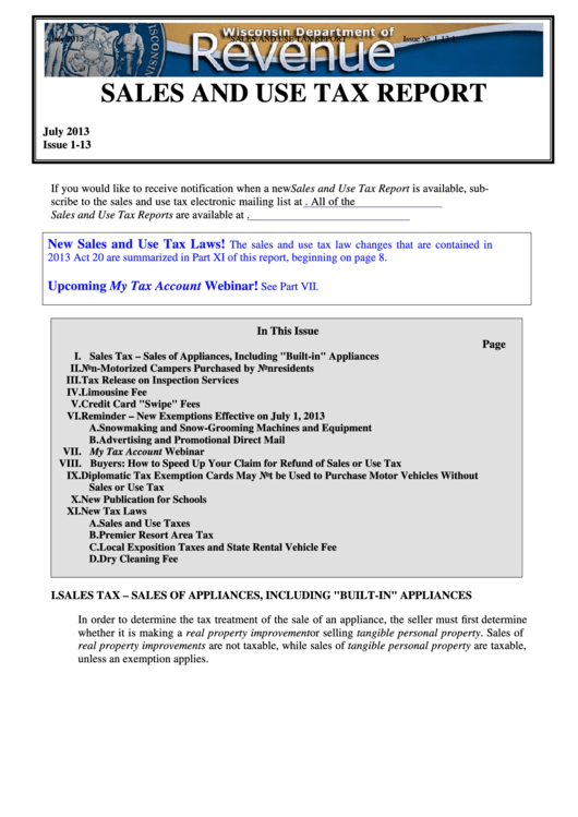 Sales And Use Tax Report - Wisconsin Department Of Revenue - 2013 Printable pdf
