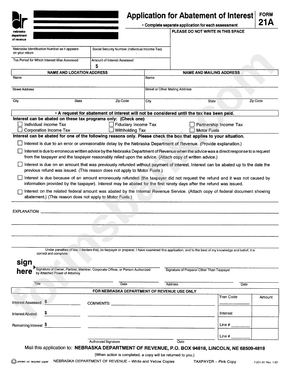 Form 21a - Application For Abatement Of Interest - Nebraska Department Of Revenue
