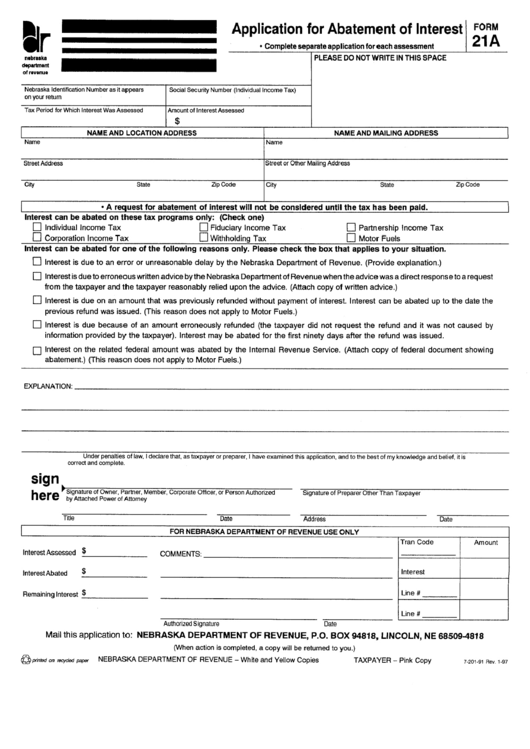 Form 21a - Application For Abatement Of Interest - Nebraska Department Of Revenue Printable pdf