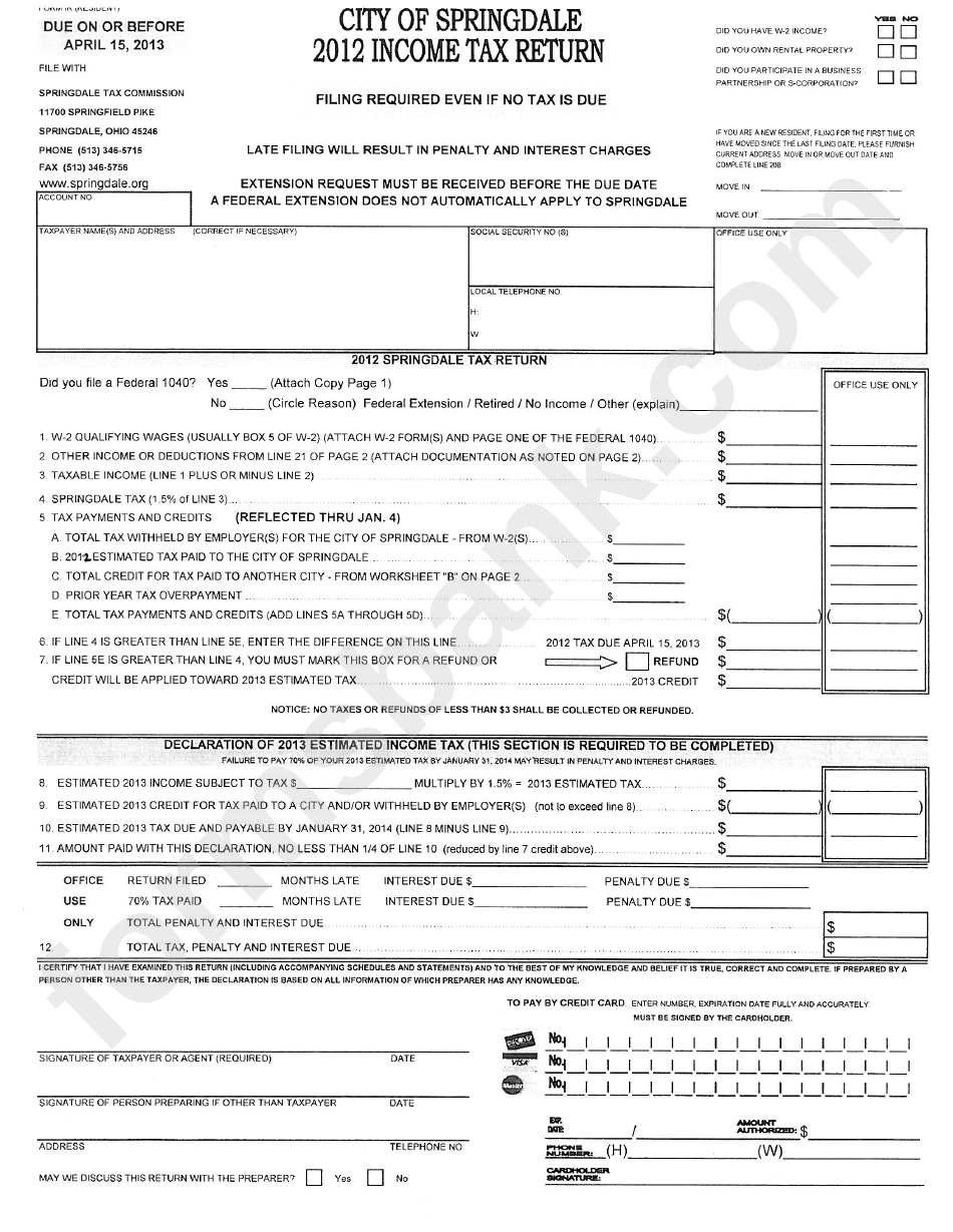 Form Ir - Income Tax Return - City Of Springdale - 2012