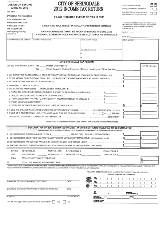 Form Ir - Income Tax Return - City Of Springdale - 2012 Printable pdf