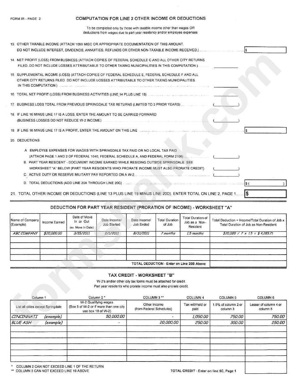 Form Ir - Income Tax Return - City Of Springdale - 2012