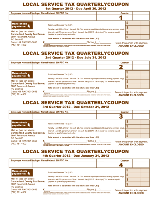 Local Service Tax Quarterly Coupon - Cumberland County Tax Bureau Printable pdf