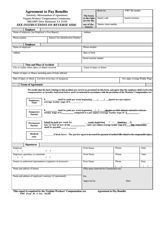 Vwc Form No. 4 - Agreement To Pay Benefits Printable pdf