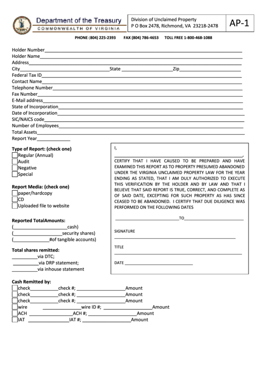 Fillable Form Ap-1 - Submission Of All Unclaimed Property Reports Printable pdf