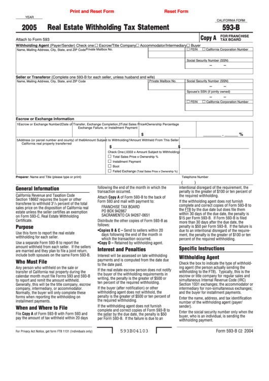 Fillable Form 593-B - Real Estate Withholding Tax Statement - 2005 Printable pdf