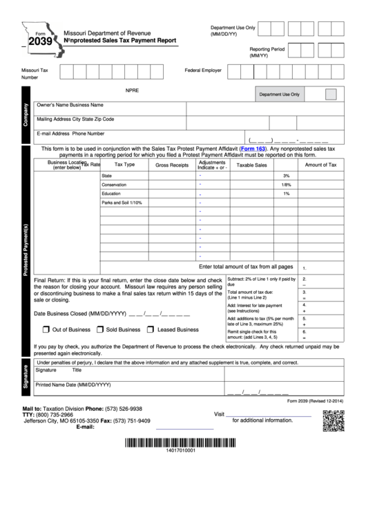 Form 2039 - Nonprotested Sales Tax Payment Report