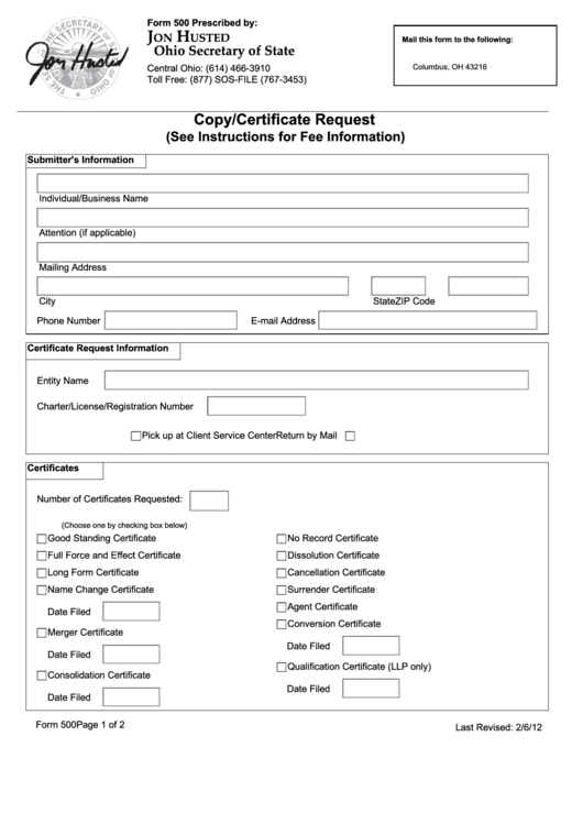 Form 500 - Copy/certificate Request - Ohio Secretary Of State Printable pdf