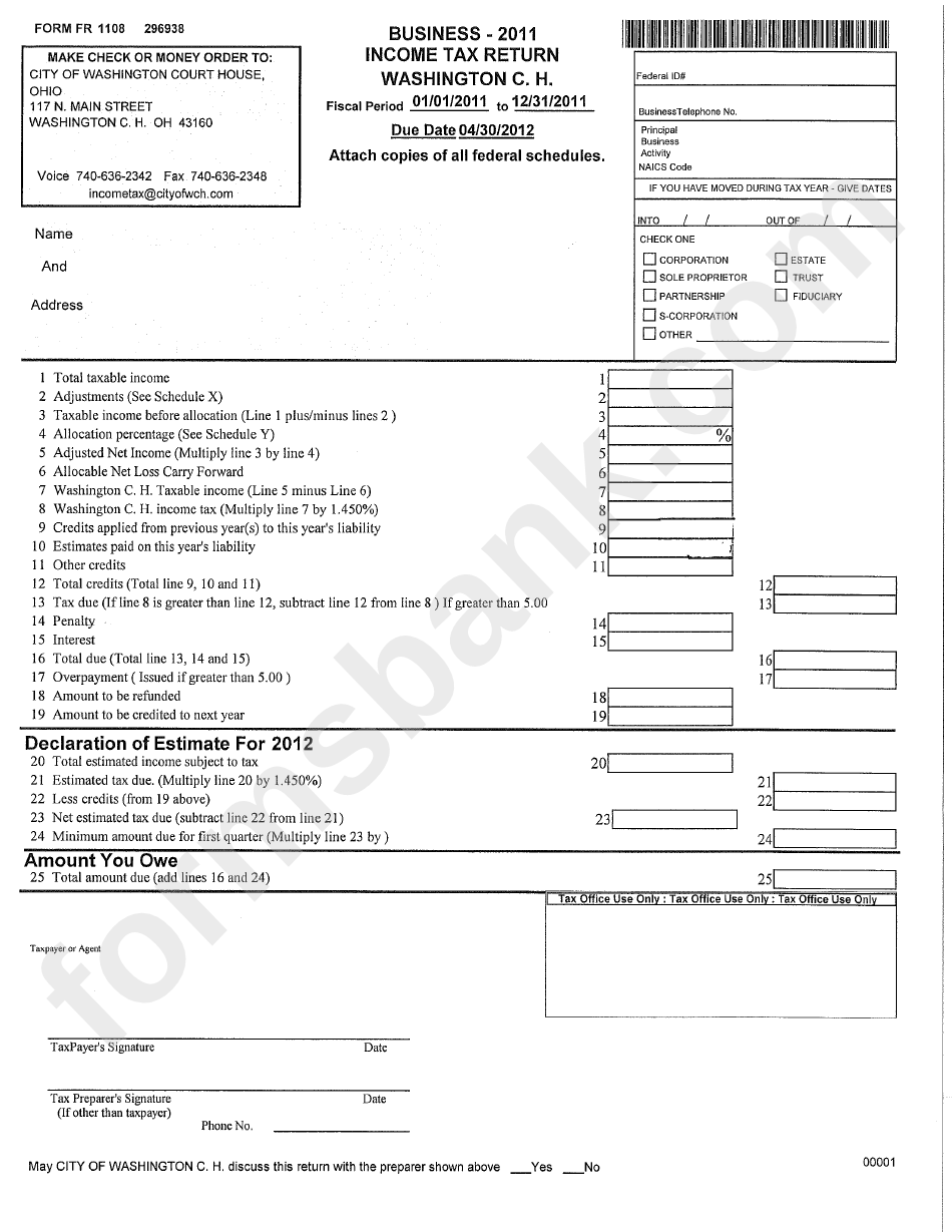 Form Fr 1108 - Business - 2011 Income Tax Return