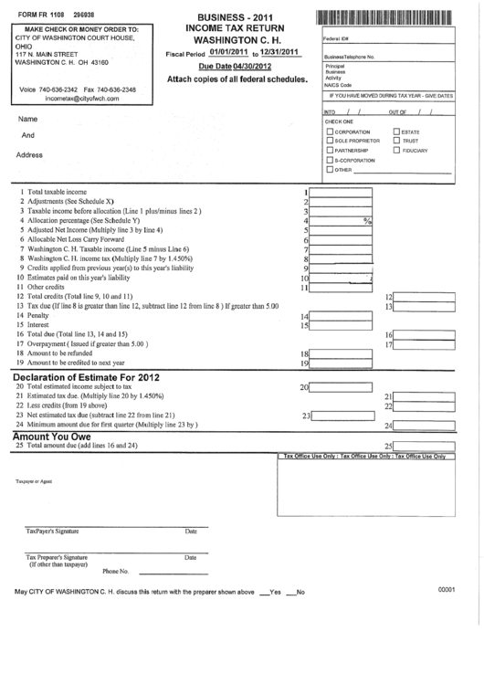 Form Fr 1108 - Business - 2011 Income Tax Return Printable pdf