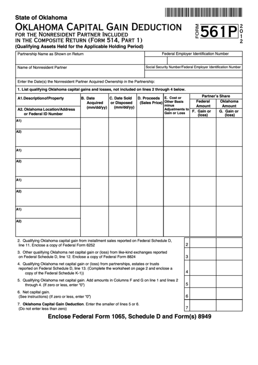 Fillable Form 561p - Oklahoma Capital Gain Deduction For The Nonresident Partner Included In The Composite Return - 2012 Printable pdf
