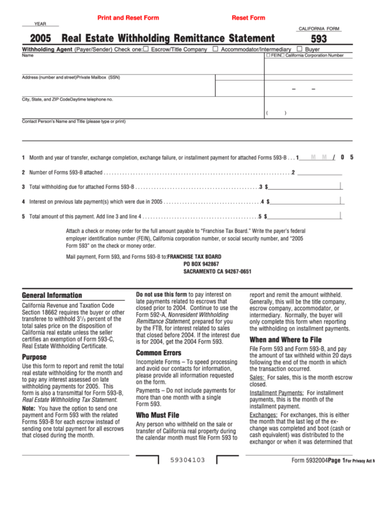 Fillable Form 593 - Real Estate Withholding Remittance Statement - 2005 Printable pdf