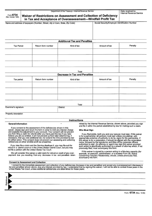 Form 6734 - Waiver Of Restrictions On Assessment And Collection Of Deficiency In Tax And Acceptance Of Over Assessment - Windfall Profit Tax Printable pdf