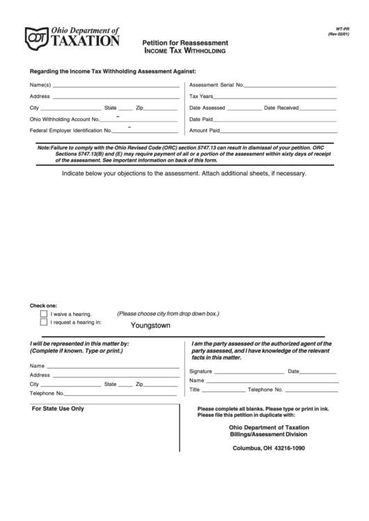 Fillable Form Wt-Pr - Petition For Reassessment Income Tax Withholding Printable pdf