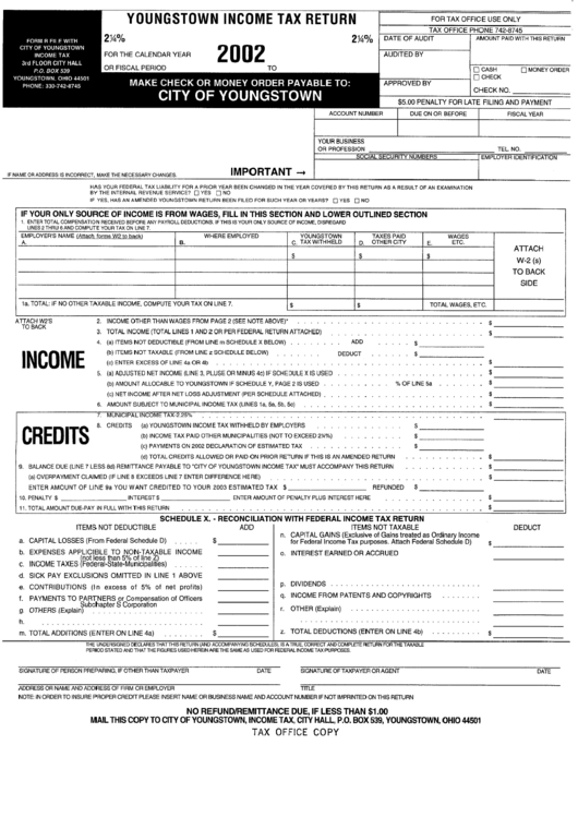 Form R - Youngstown Income Tax Return - 2002 Printable pdf