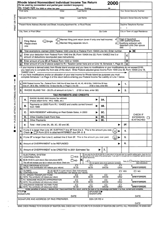 Form Ri-1040 Nr - Rhode Island Nonresident Individual Income Tax Return - 2000 Printable pdf