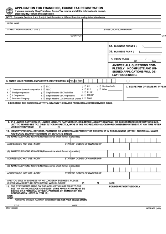 Form Rv-F1303601 - Application For Franchise, Excise Tax Registration Printable pdf