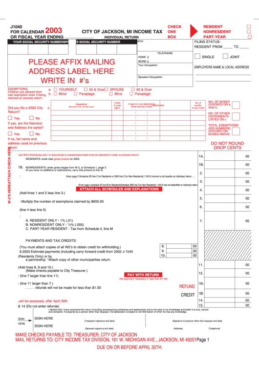 Form J1040 - Income Tax Individual Return - City Of Jackson - 2003 Printable pdf