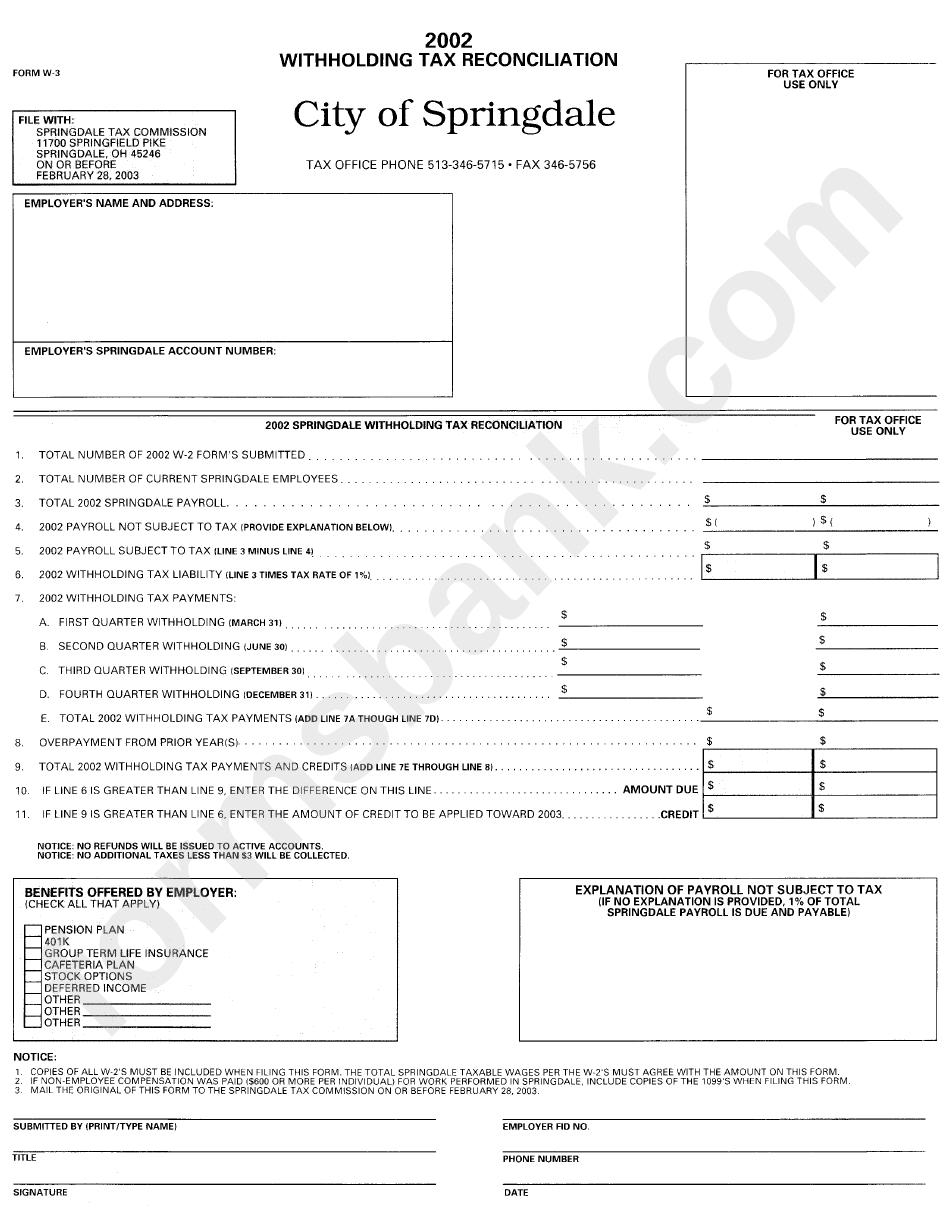 Form W-3 - Withholding Tax Reconciliation - 2002 - City Of Springdale