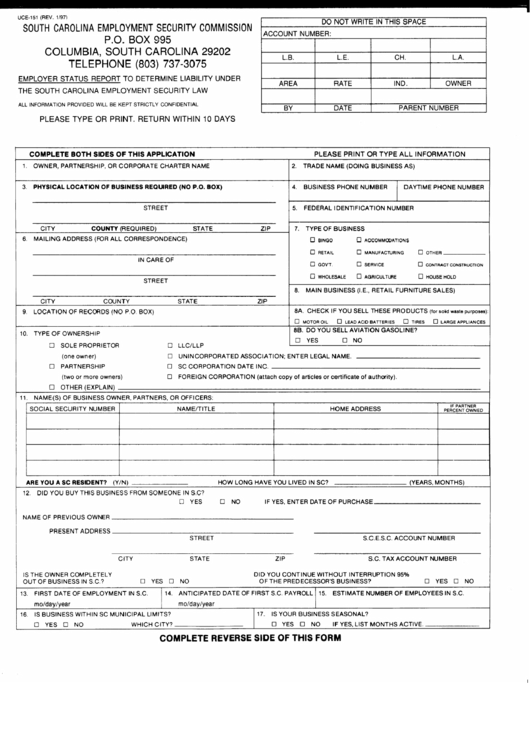Form Uce-151 - Employer Status Report To Determine Liability Under The South Carolina Employment Security Law Printable pdf