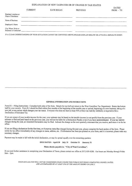 Form D1 - Explanation Of New Taxpayer Of Of Change In Tax Status - City Of West Carrollton Printable pdf