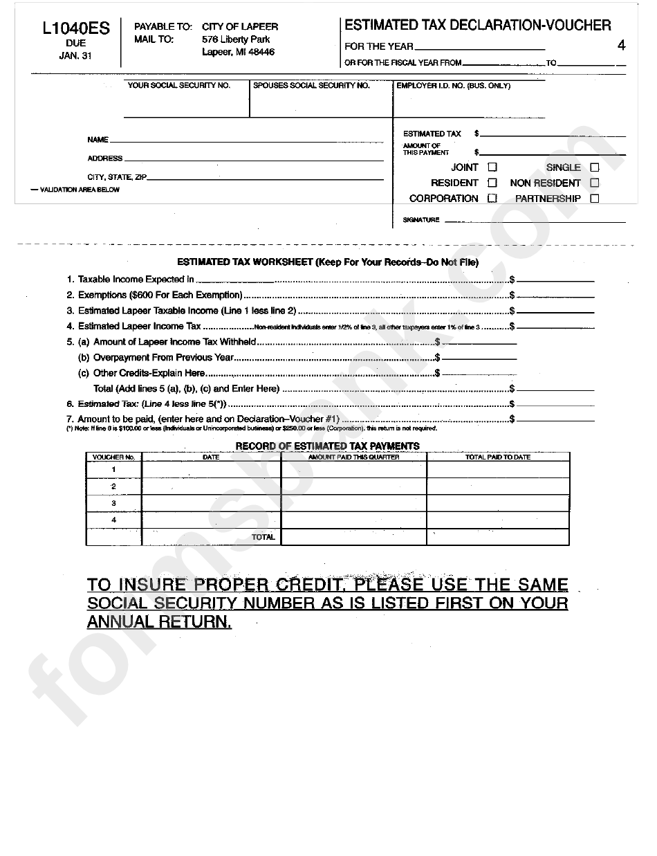 Form L1040es Estimated Tax Declaration Voucher Printable Pdf Download 4713