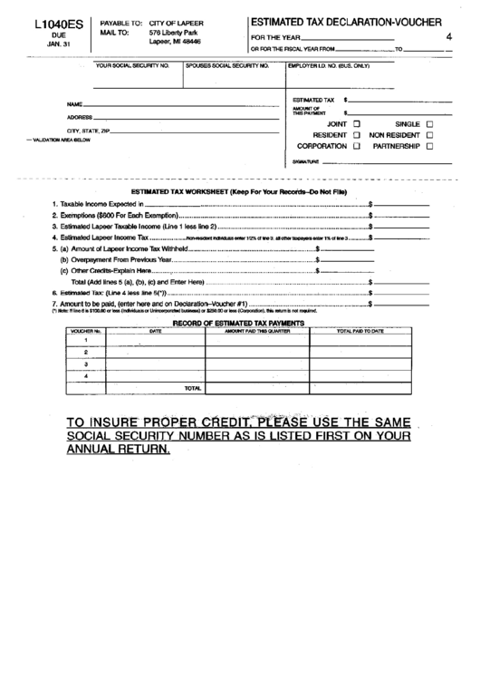 Form L1040es Estimated Tax Declaration Voucher printable pdf download