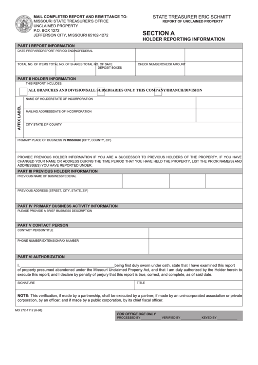 Section A Holder Reporting Information - Missouri State Treasurer, Unclaimed Property Report Checklist Printable pdf
