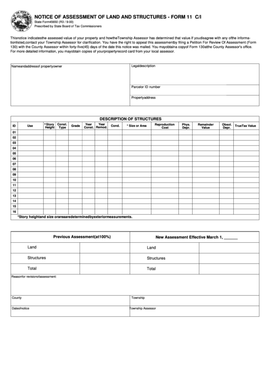 Fillable Form 11 C/i - Notice Of Assessment Of Land And Structures Printable pdf