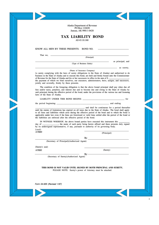 Fillable Form 04-655 - Tax Liability Bond Printable pdf