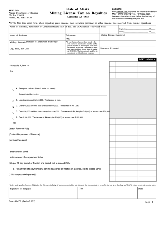 Fillable Form 04-675 - Mining License Tax On Royalties Printable pdf