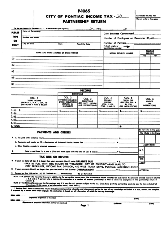 Form P-1065 - City Of Pontiac Income Tax Partnership Return Printable pdf