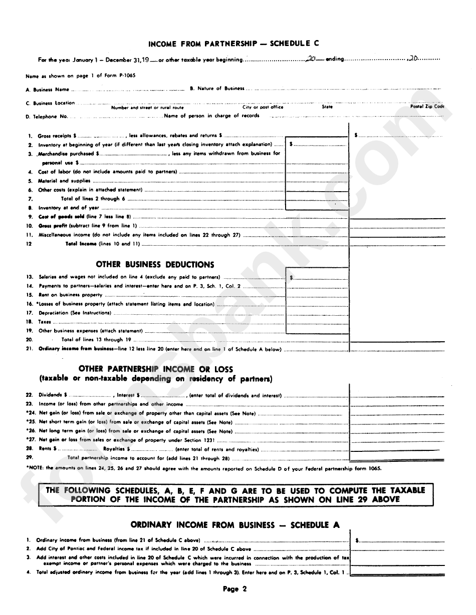 Form P-1065 - City Of Pontiac Income Tax Partnership Return