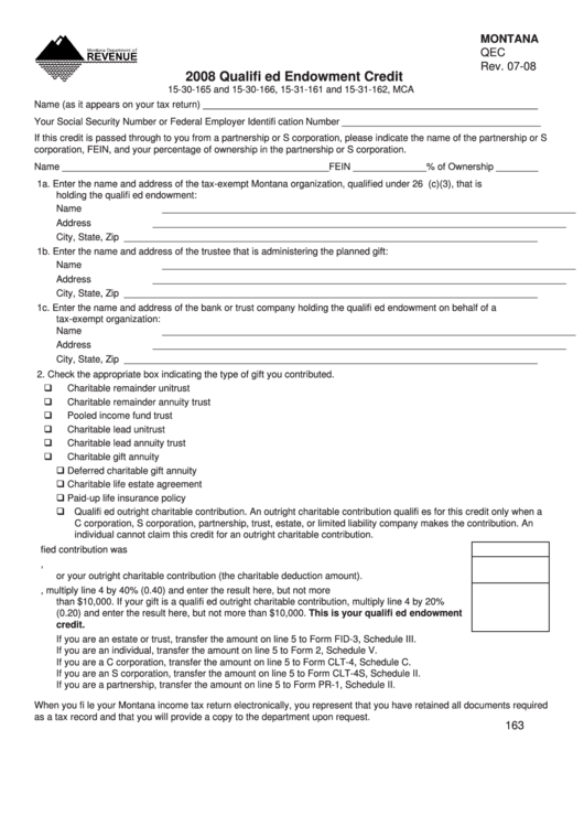 Montana Form Qec - Qualified Endowment Credit - 2008 Printable pdf