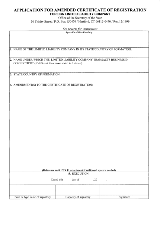 Application For Amended Certificate Of Registration Foreign Limited Liability Company Printable pdf
