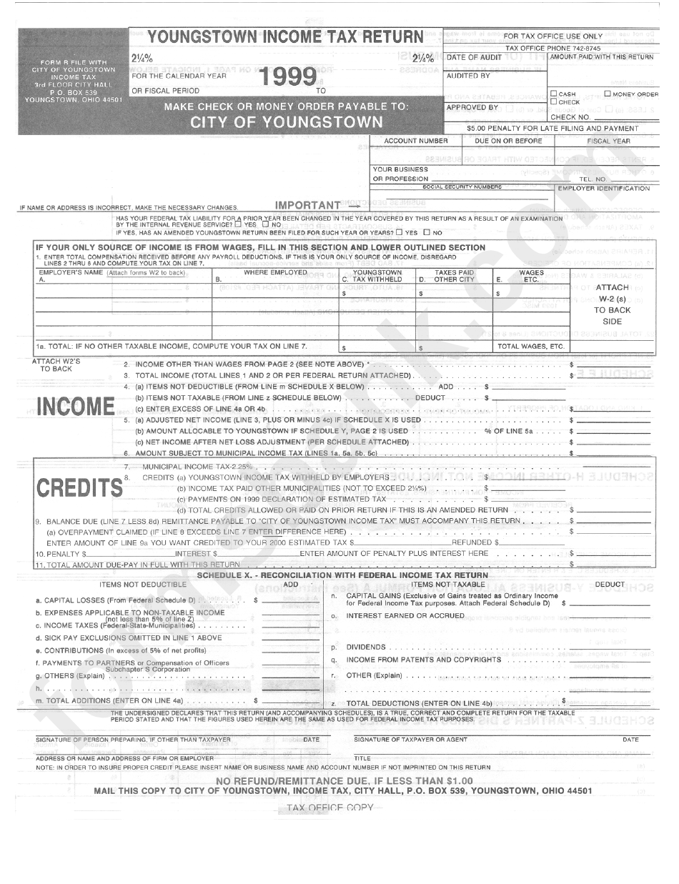 Form R - Youngstown Income Tax Return - 1999