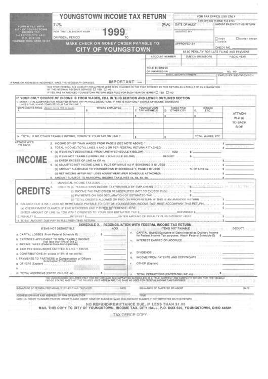 Form R - Youngstown Income Tax Return - 1999 Printable pdf