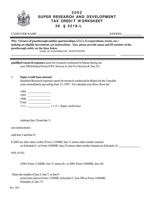 Super Research And Development Tax Credit Worksheet - Maine Department Of Revenue - 2002 Printable pdf