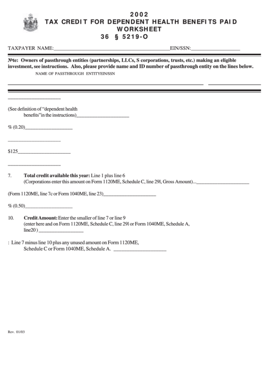 Tax Credit For Dependent Health Benefits Paid Worksheet - Maine Department Of Revenue - 2002 Printable pdf