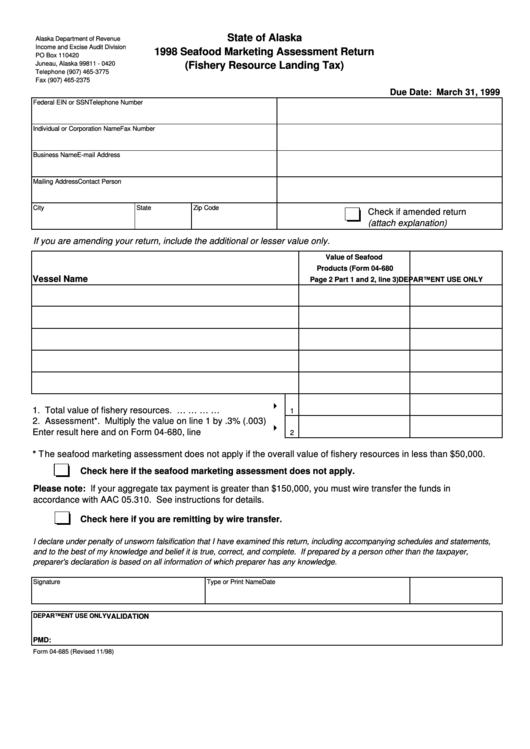 Fillable Form 04-685 - Seafood Marketing Assessment Return (Fishery Resource Landing Tax) - 1998 Printable pdf